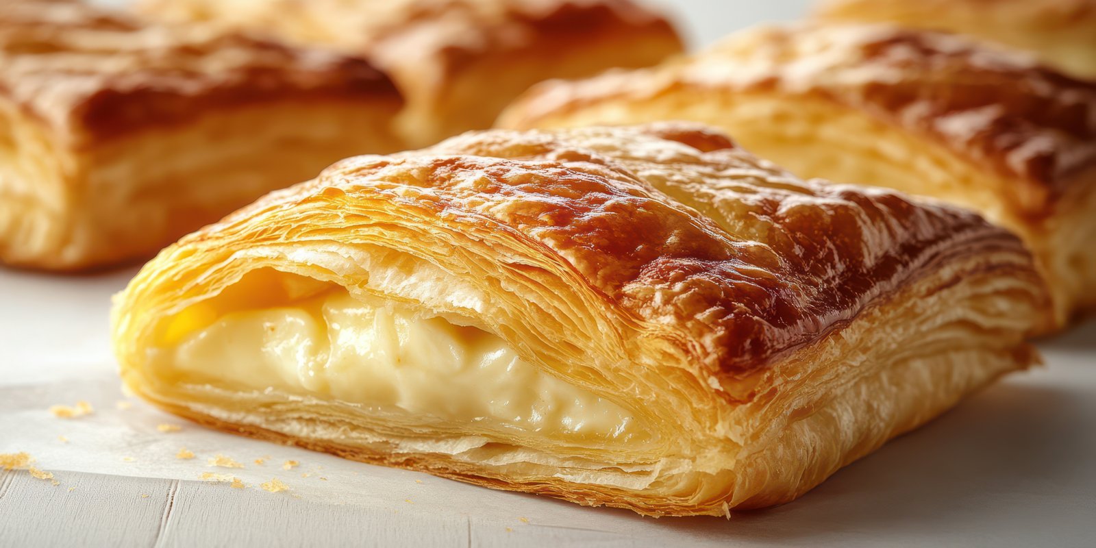 Delicious cream-filled pastries displayed on a wooden table in a cozy bakery setting during the morning hours